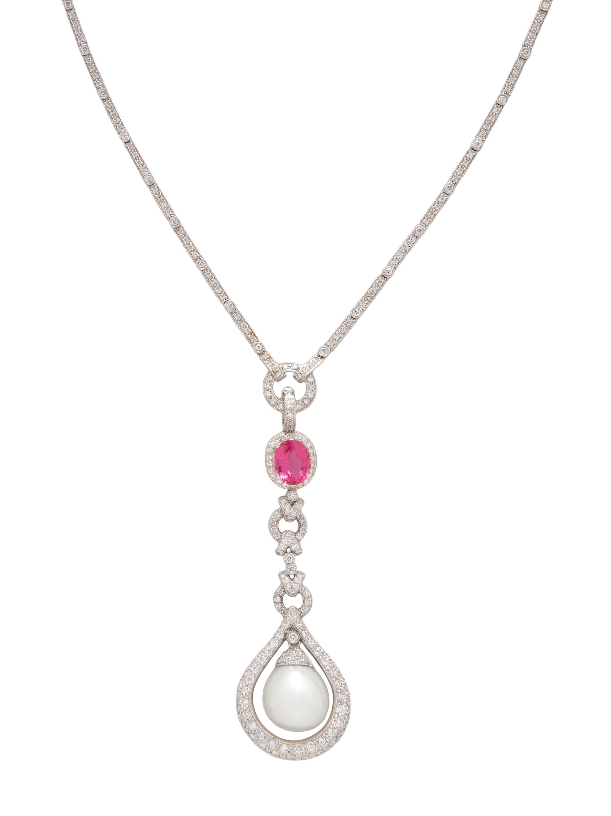 WHITE GOLD, CULTURED PEARL, PINK TOURMALINE, AND DIAMOND CONVERTIBLE NECKLACE