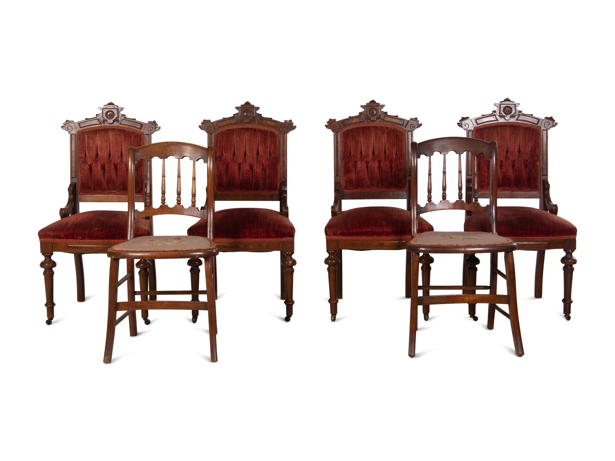 A Set of Four Victorian Walnut Side Chairs and a Pair of Classical Style Side Chairs