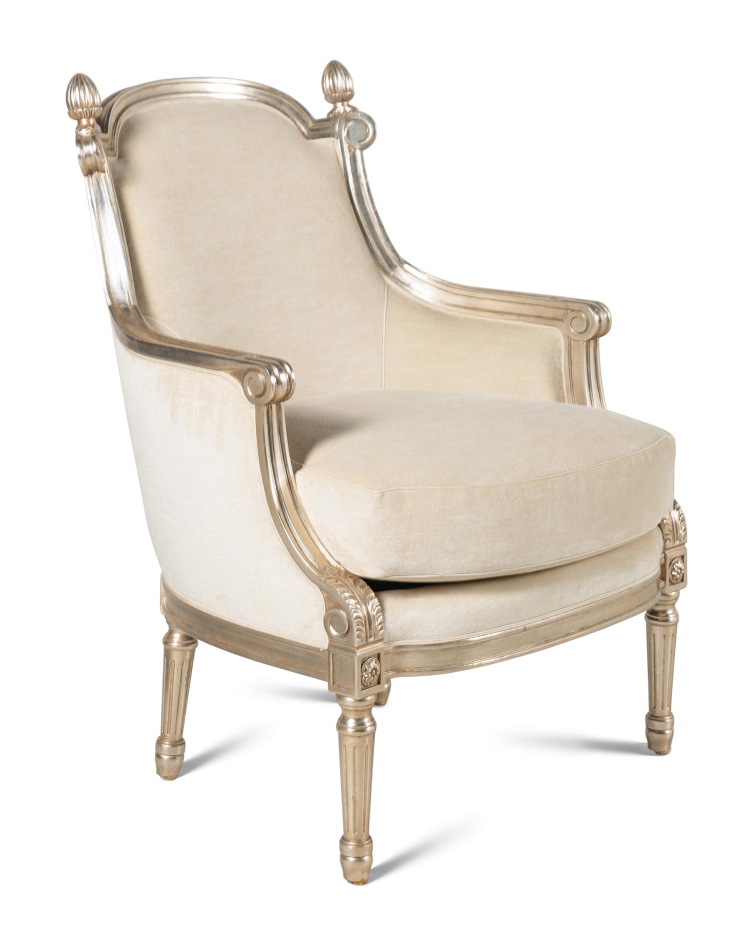 A Pair of Nancy Corzine Silvered Acorn Lounge Chairs and Ottomans