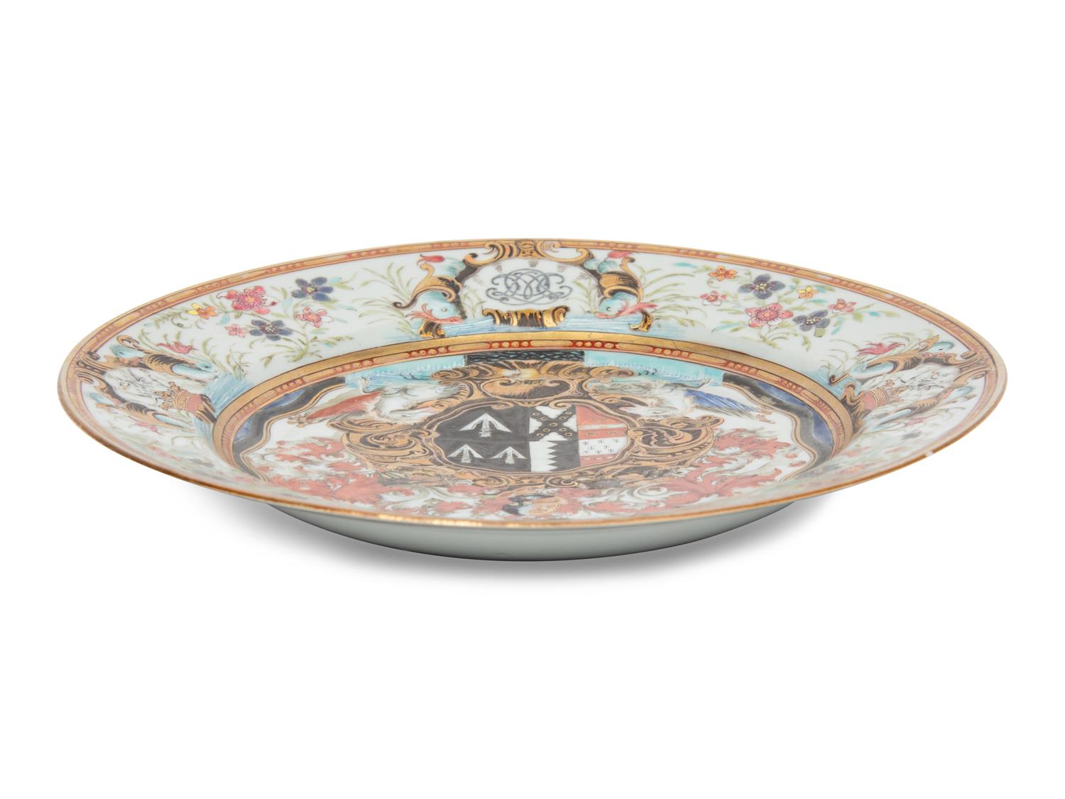 A Chinese Export Parcel-Gilt Armorial Porcelain Plate