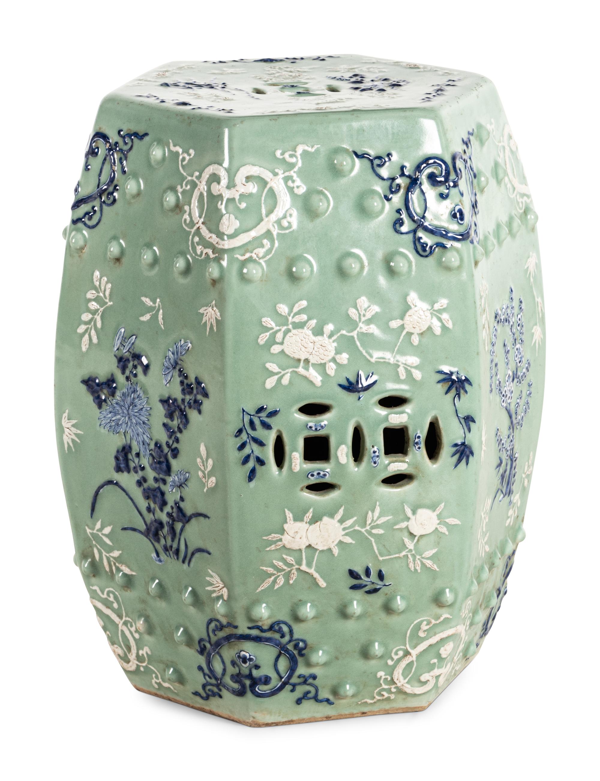 A Chinese Celadon Round Blue and White Decorated Garden Stool