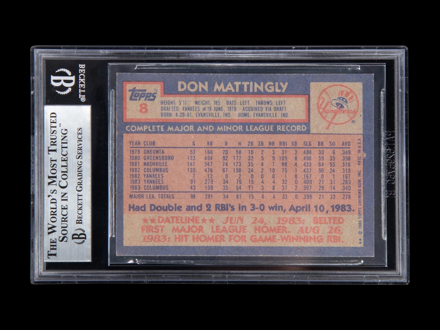 A 1984 Topps Don Mattingly Signed Autograph Rookie Baseball Card No. 8 (Beckett Authentication Services BAS Certified)