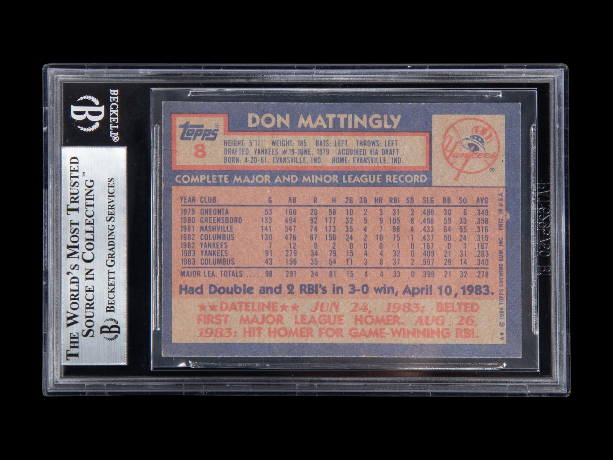 A 1984 Topps Don Mattingly Signed Autograph Rookie Baseball Card No. 8 (Beckett Authentication Services BAS Certified)