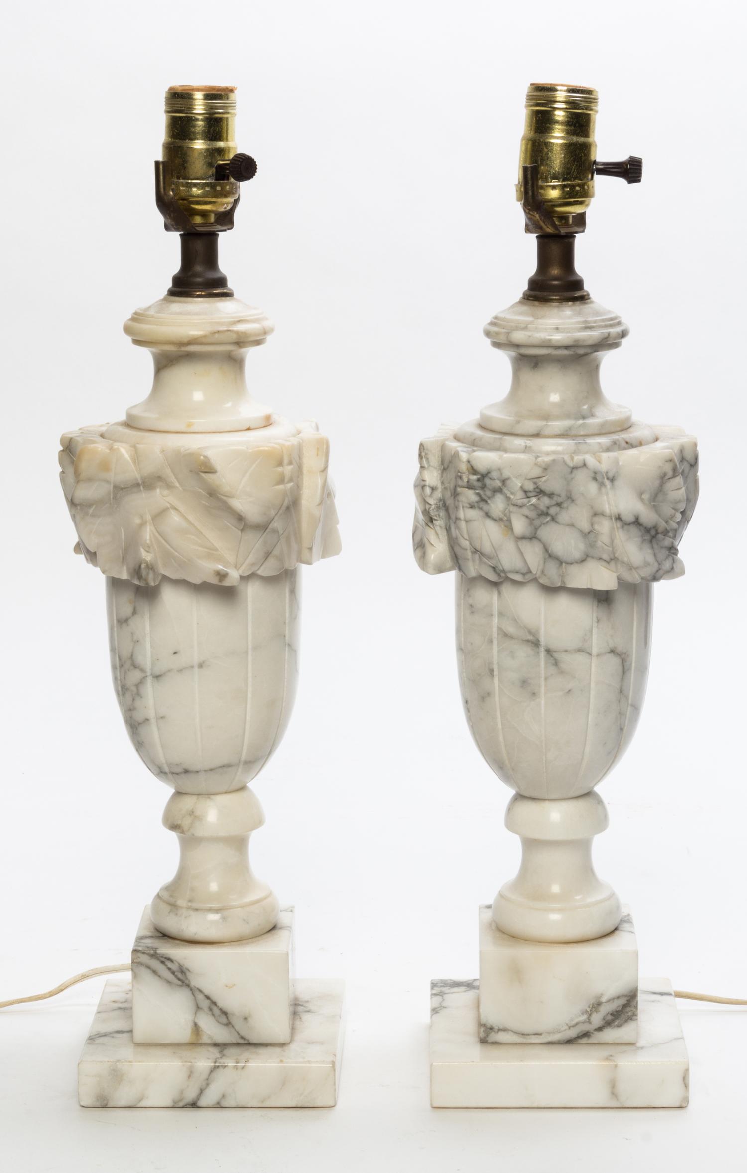 A Pair of Italian Marble Table Lamps Height 18 inches.