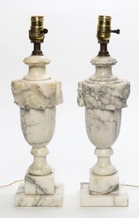 A Pair of Italian Marble Table Lamps Height 18 inches.