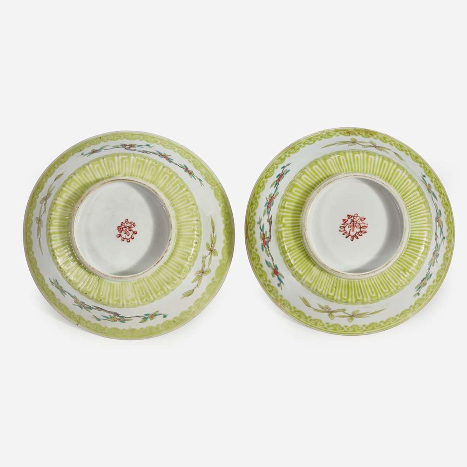 A Chinese enameled copper ewer and a pair of enameled porcelain bowls Qing dynasty