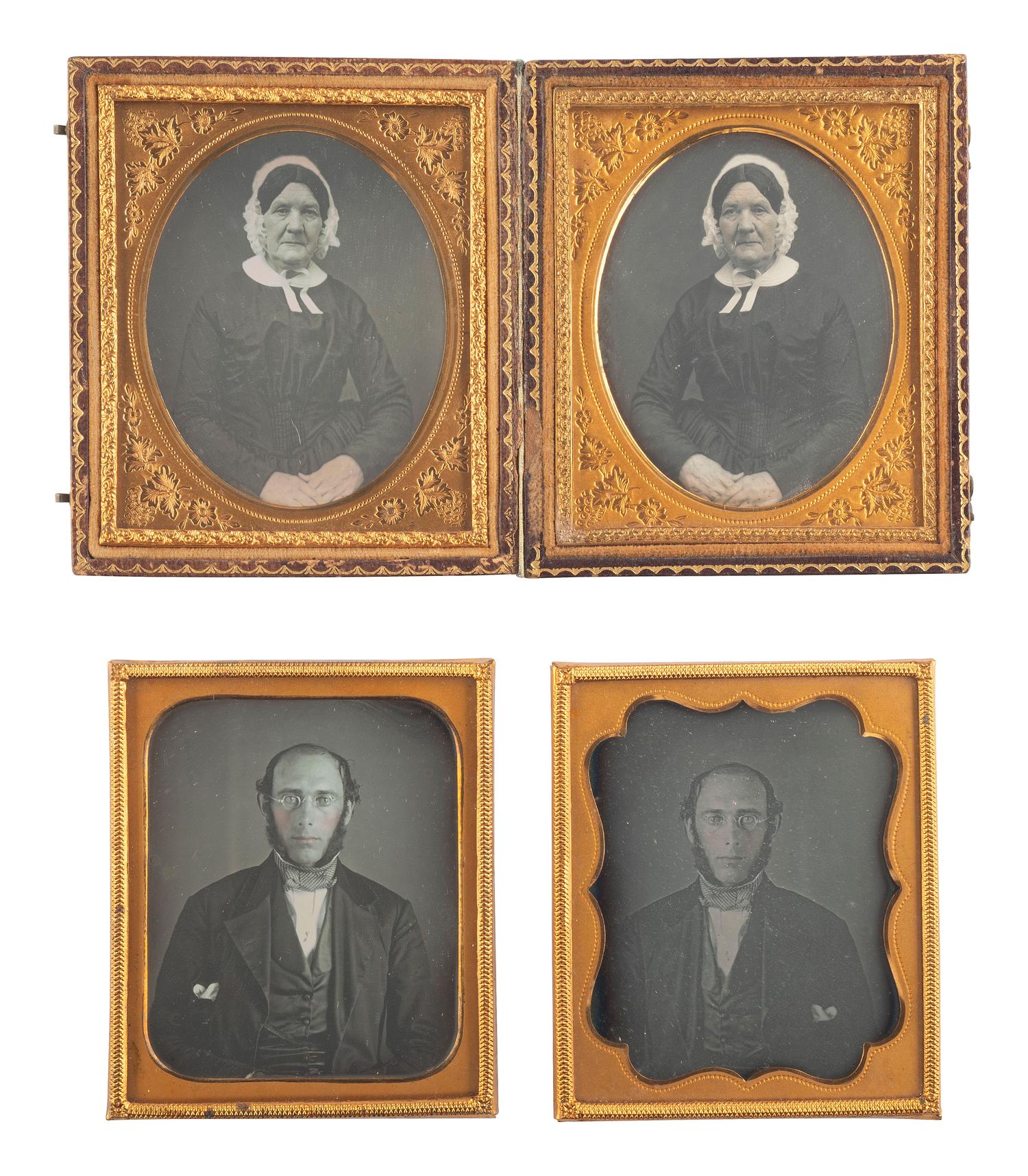 [EARLY PHOTOGRAPHY]. A collection of pairs and trios of portraits featuring the same male and female subjects, many likely copy images, including: