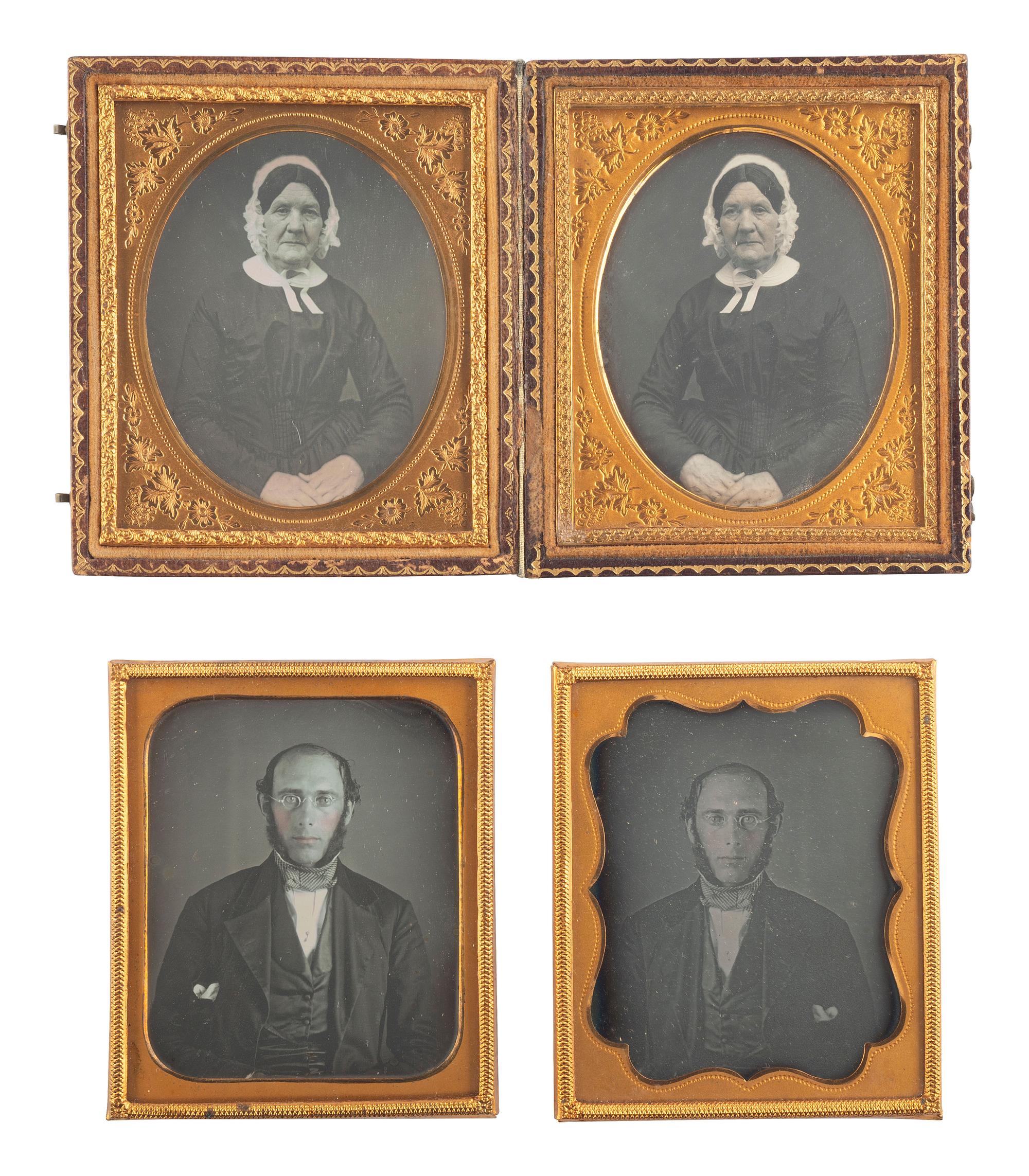 [EARLY PHOTOGRAPHY]. A collection of pairs and trios of portraits featuring the same male and female subjects, many likely copy images, including: