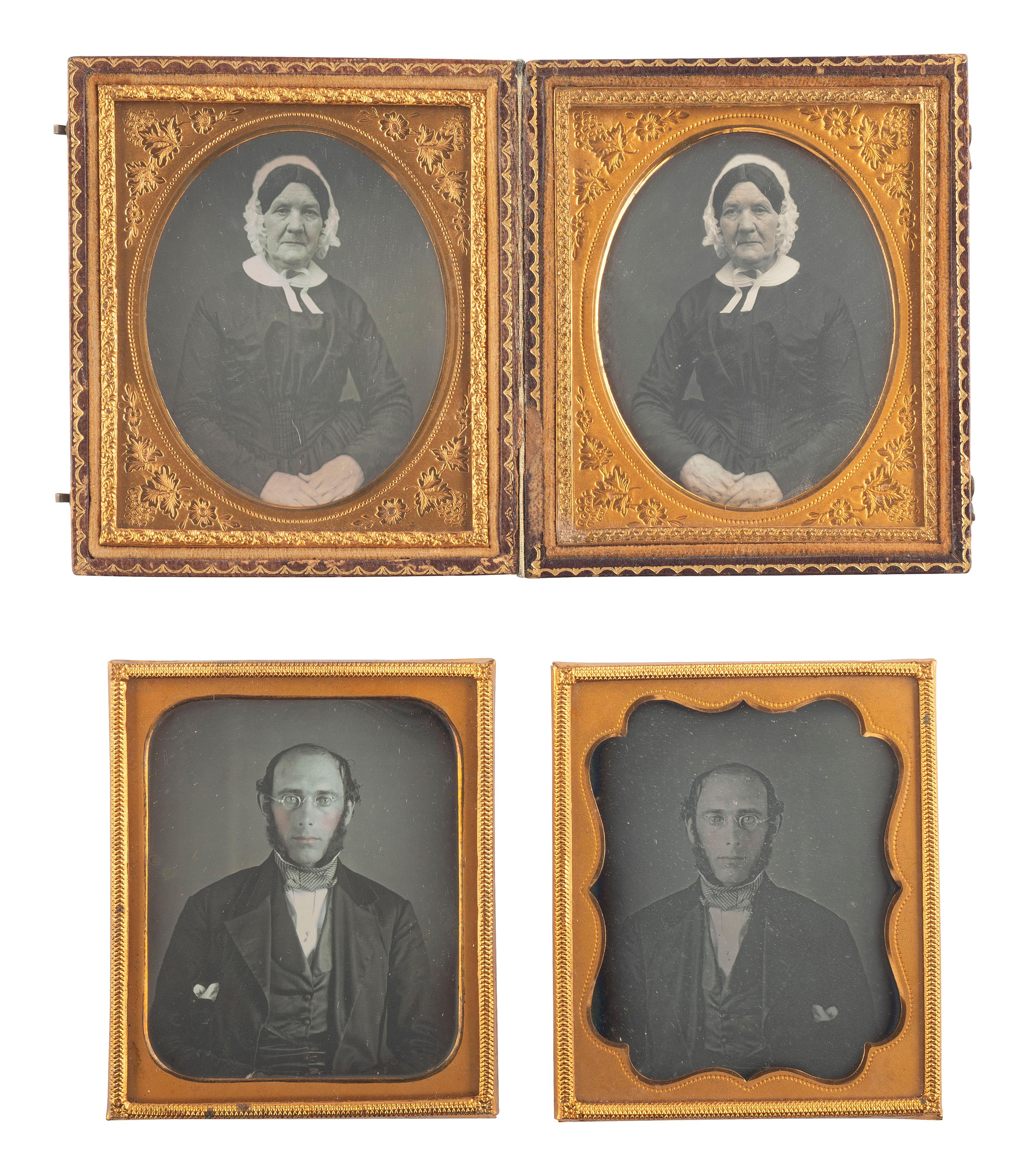 [EARLY PHOTOGRAPHY]. A collection of pairs and trios of portraits featuring the same male and female subjects, many likely copy images, including: