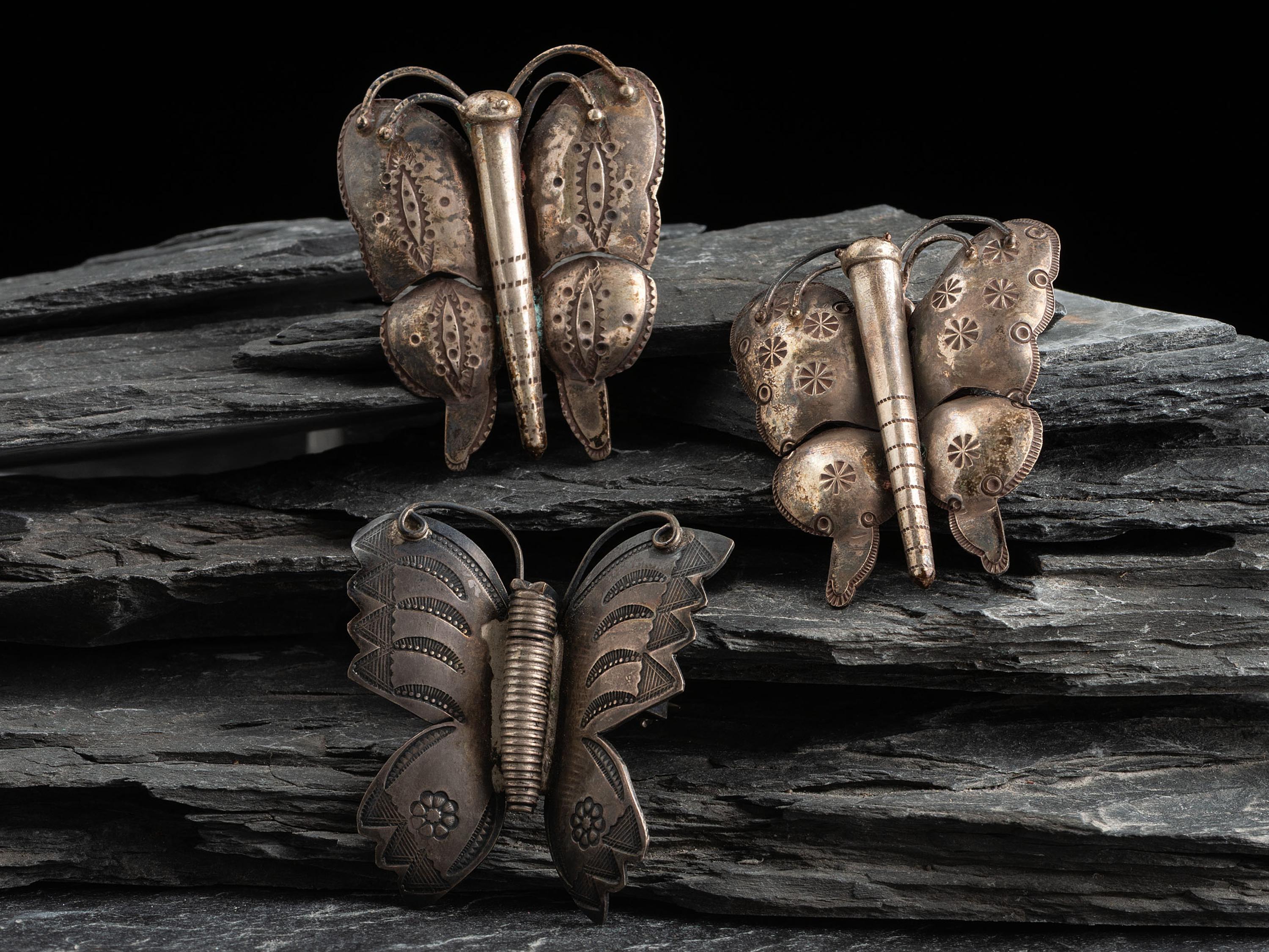 Navajo Stamped Silver Butterfly Pins/Brooches