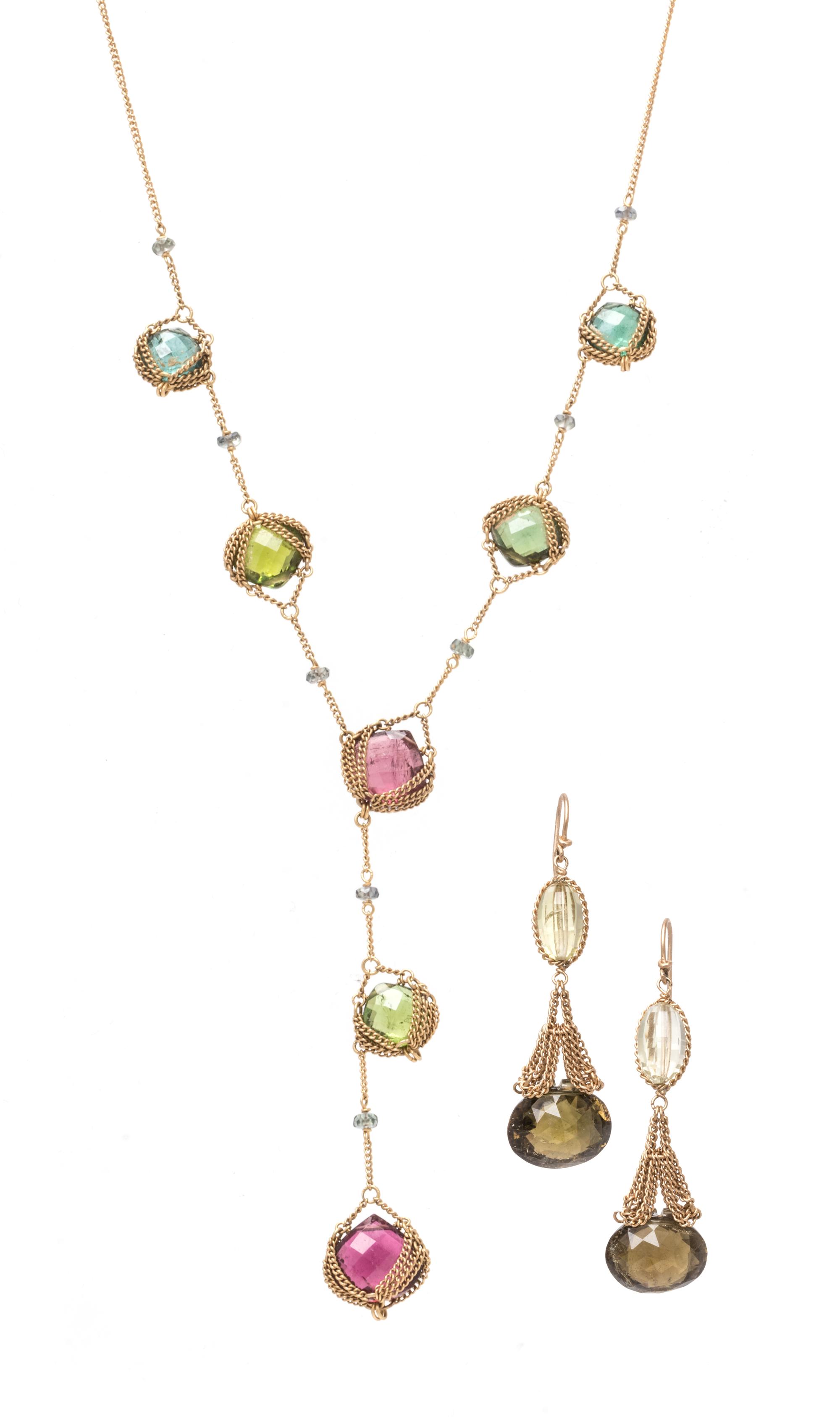 An 18 Karat Yellow Gold, Tourmaline and Rock Crystal Demi-Parure, Anthony Nak,