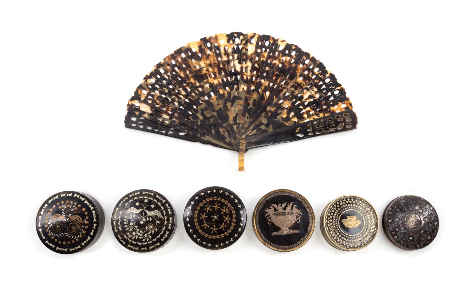 Six Victorian Metal Inlaid Tortoise Shell Boxes Diameter of largest box 3 1/4 inches. — 19TH CENTURY