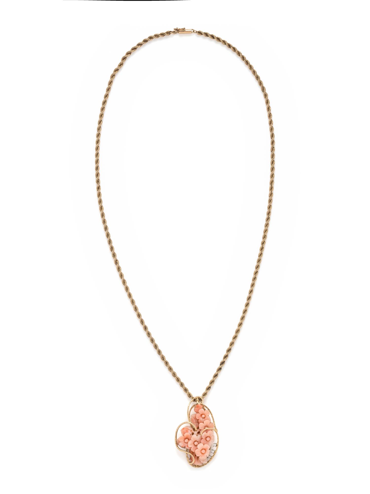 YELLOW GOLD, CORAL AND DIAMOND PENDANT/NECKLACE