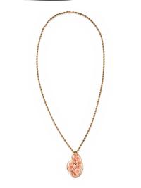 YELLOW GOLD, CORAL AND DIAMOND PENDANT/NECKLACE