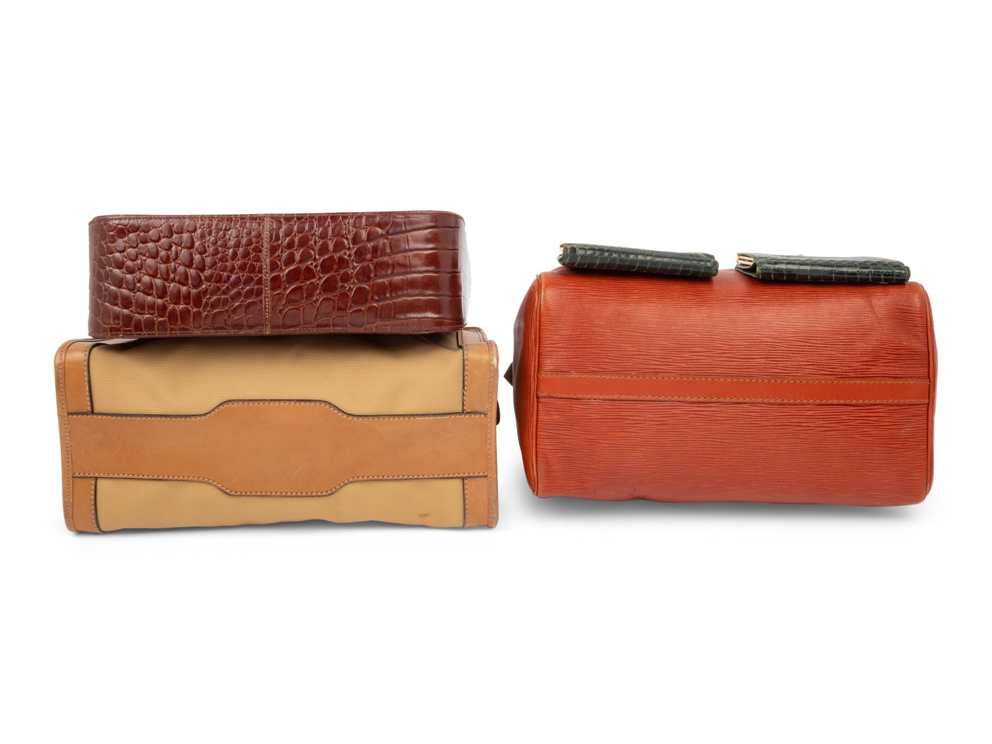 Five Designer Pieces: Two Mark Cross Cobra Skin Wallets, Ferragamo Bag, Gucci Bag, Louis Vuitton Speedy 30, 1970-90s