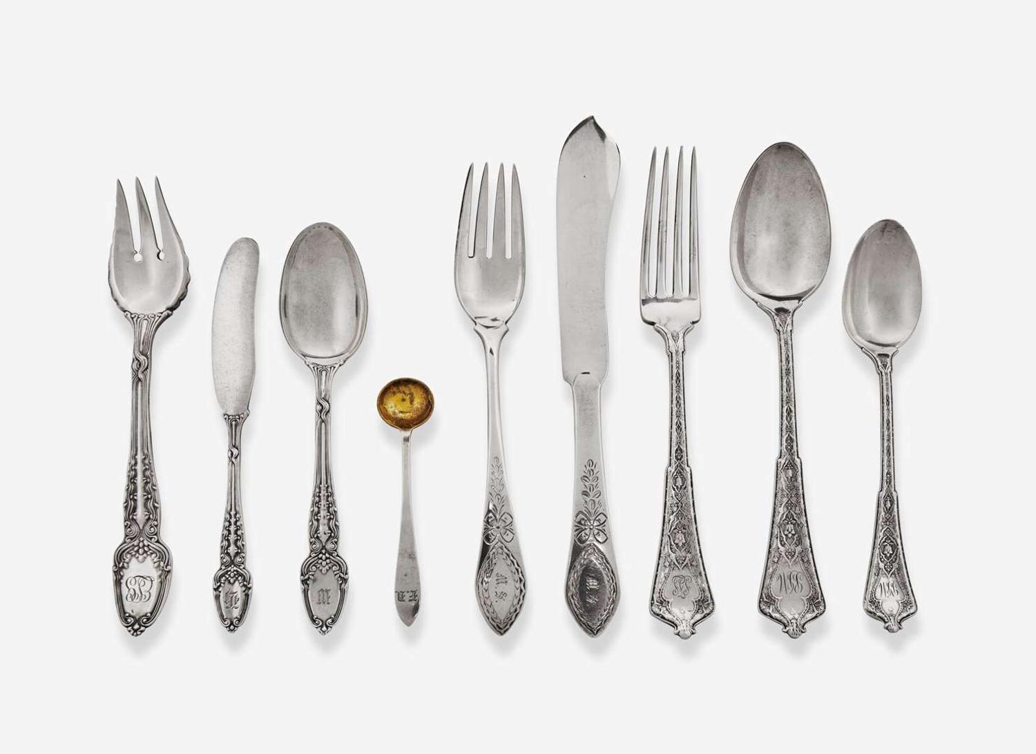 An assorted group of fifty-two sterling silver flatware items, Tiffany & Co., New York, NY, dates ranging 1872-1947