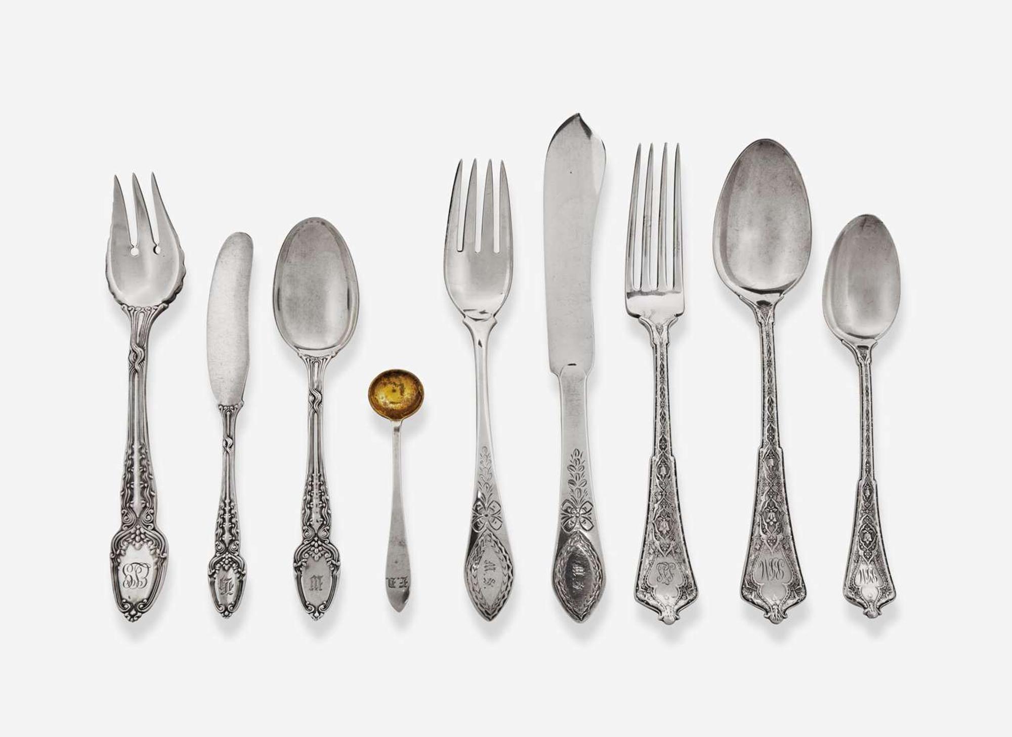 An assorted group of fifty-two sterling silver flatware items, Tiffany & Co., New York, NY, dates ranging 1872-1947