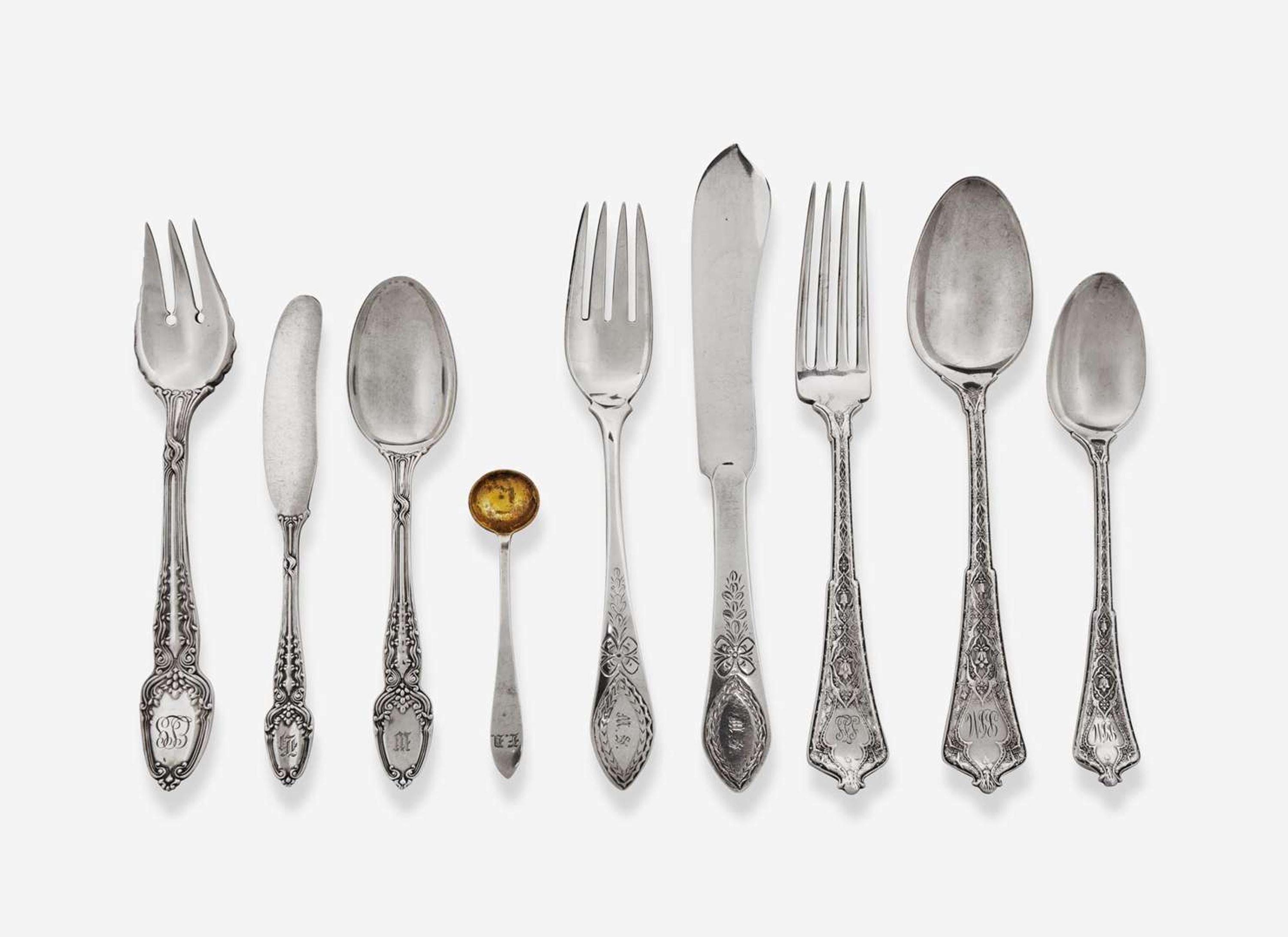 An assorted group of fifty-two sterling silver flatware items, Tiffany & Co., New York, NY, dates ranging 1872-1947