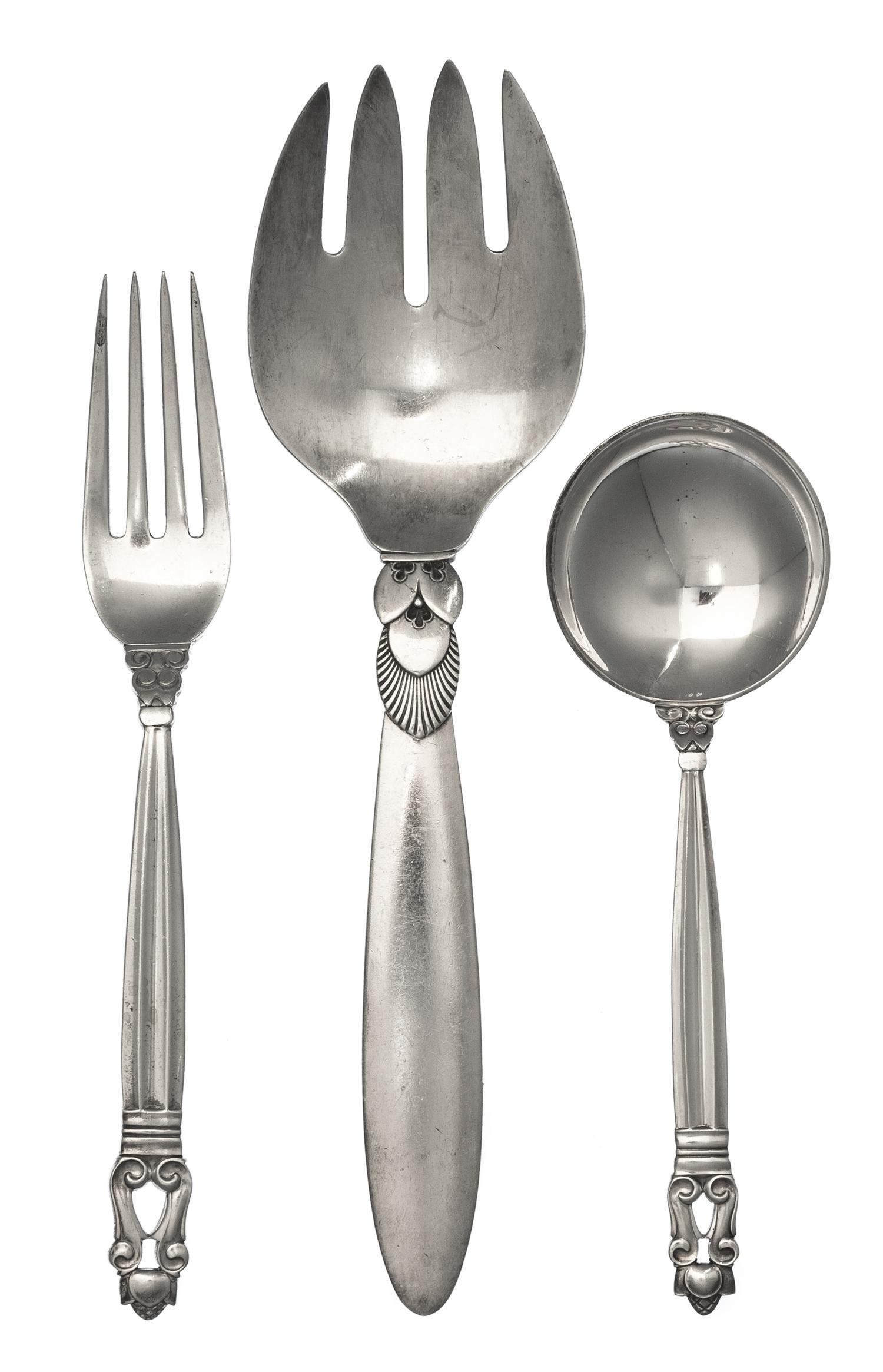 A Group of Danish Silver Flatware, Georg Jensen, Copenhagen, in the Acorn pattern, comprising: 12 cream soup spoons 1 dinner fork toget