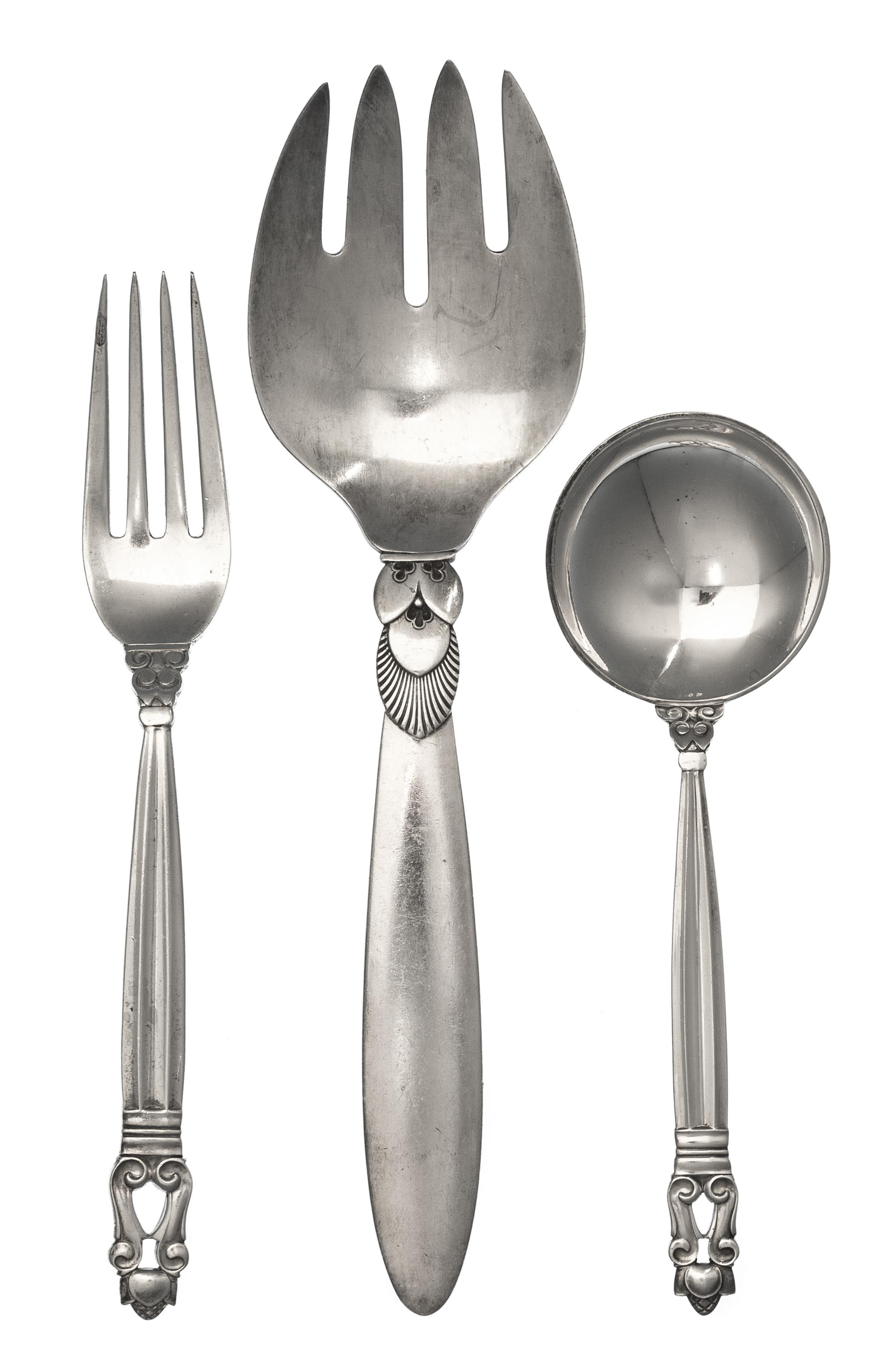 A Group of Danish Silver Flatware, Georg Jensen, Copenhagen, in the Acorn pattern, comprising: 12 cream soup spoons 1 dinner fork toget