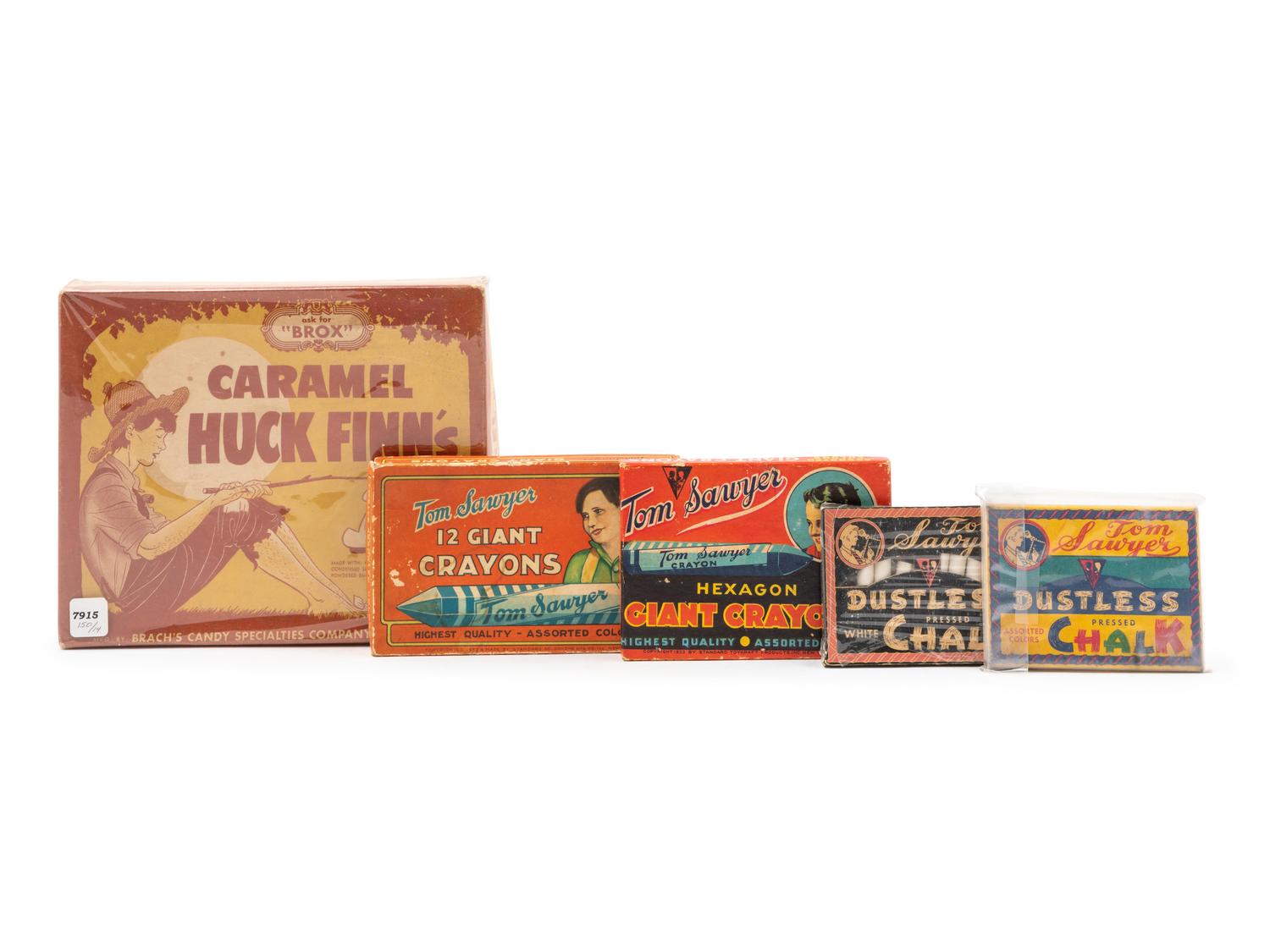 A Group of "Tom Sawyer" Chalk and Crayons and a "Huck Finn's" Caramels Candy Box