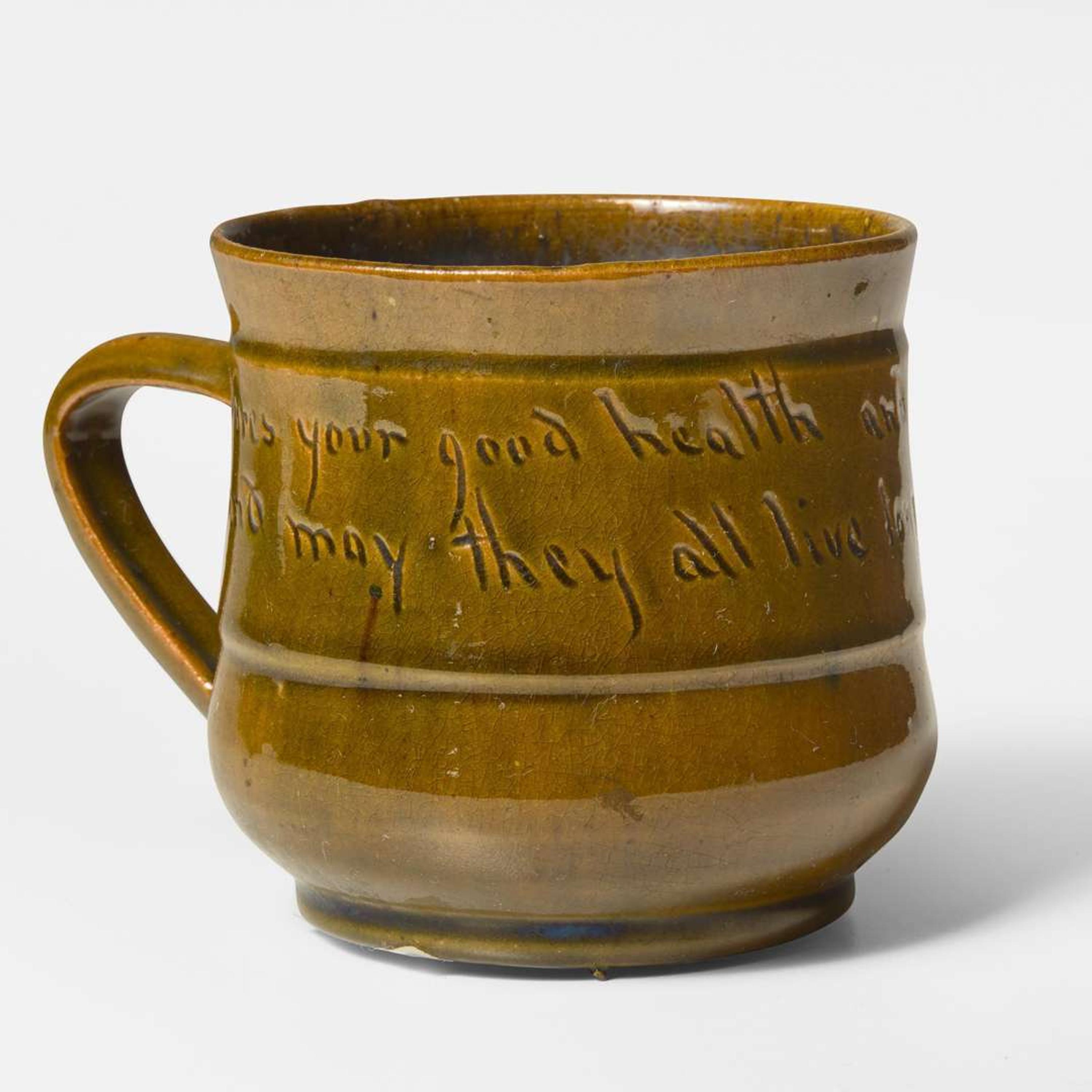 George Ohr (American, 1857-1918) "Jefferson" Mug in Olive Glaze with Matte Gunmetal Interior, Biloxi, Mississippi, USA, 1896