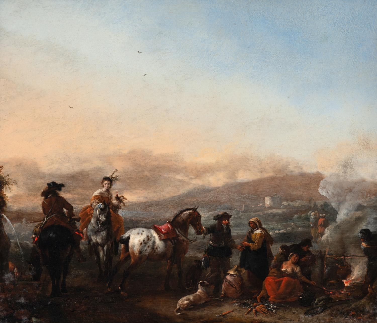 A hawking party halting by a gypsy encampment , after 1650
