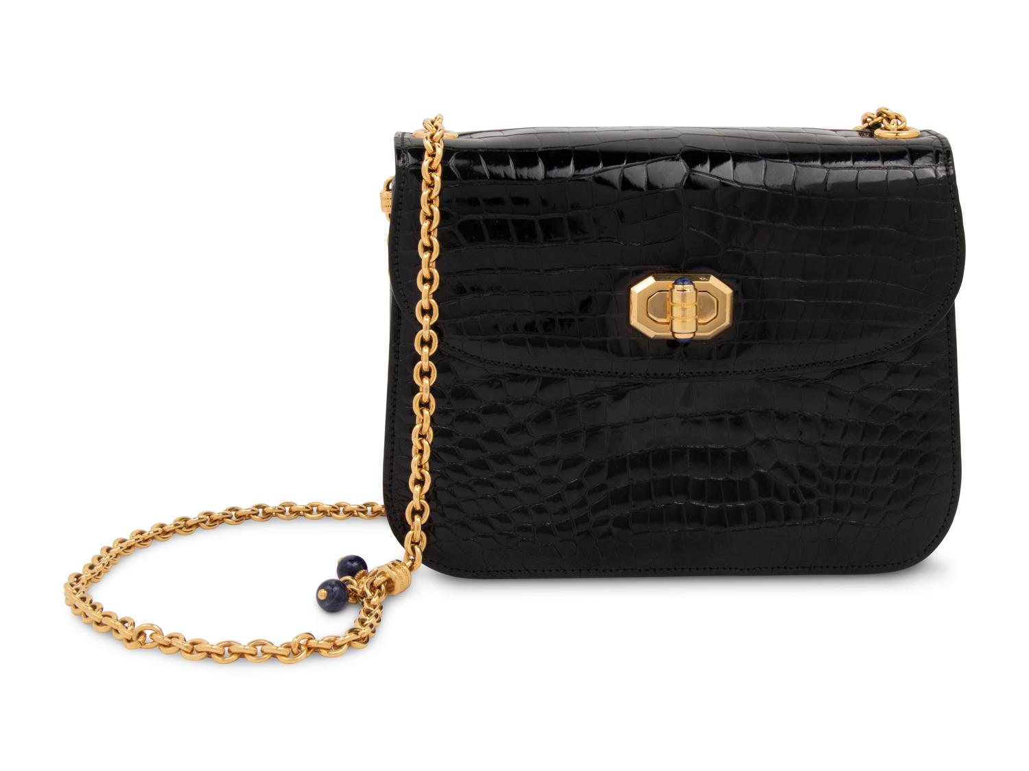 Gucci Black Crocodile Flap Bag with Gold-tone Chain, 1970-80s