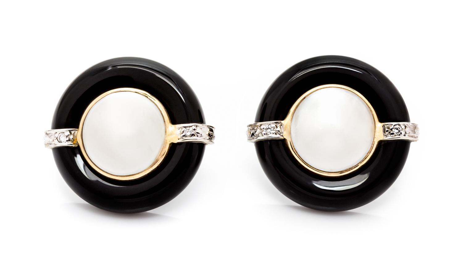A Pair of 14 Karat Gold, Onyx, Mabe Pearl and Diamond Earrings, 4.70 dwts.