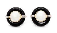 A Pair of 14 Karat Gold, Onyx, Mabe Pearl and Diamond Earrings, 4.70 dwts.