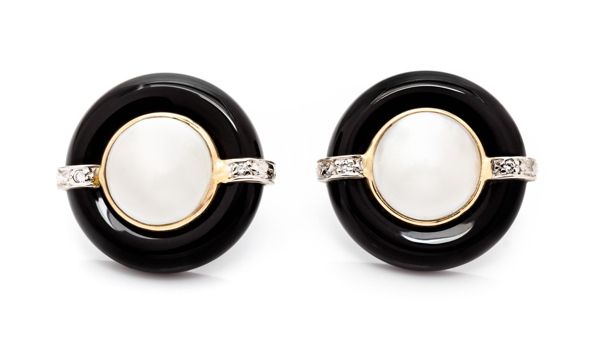 A Pair of 14 Karat Gold, Onyx, Mabe Pearl and Diamond Earrings, 4.70 dwts.