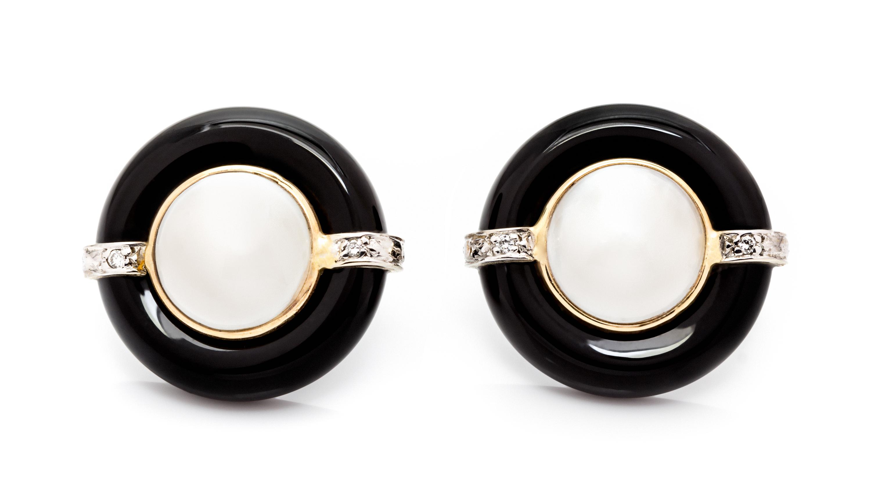 A Pair of 14 Karat Gold, Onyx, Mabe Pearl and Diamond Earrings, 4.70 dwts.