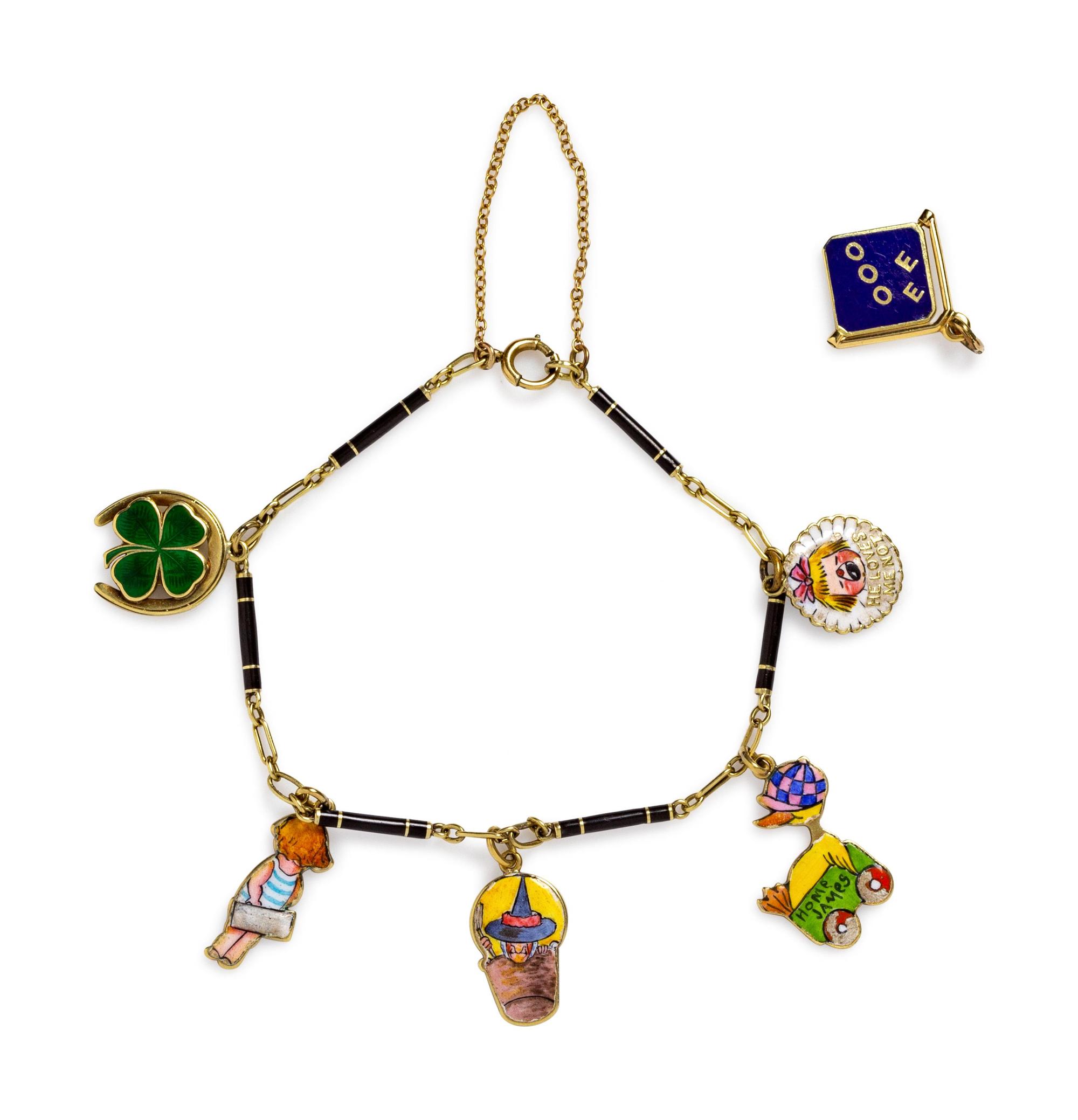 A Yellow Gold and Enamel Charm Bracelet,