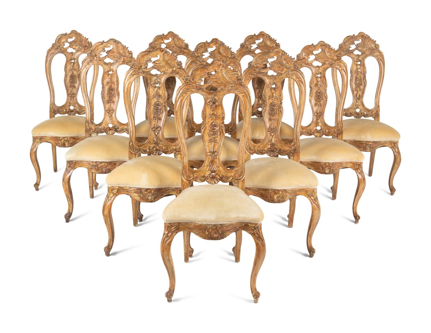 A Set of Ten Italian Rococo Style Painted Dining Chairs
