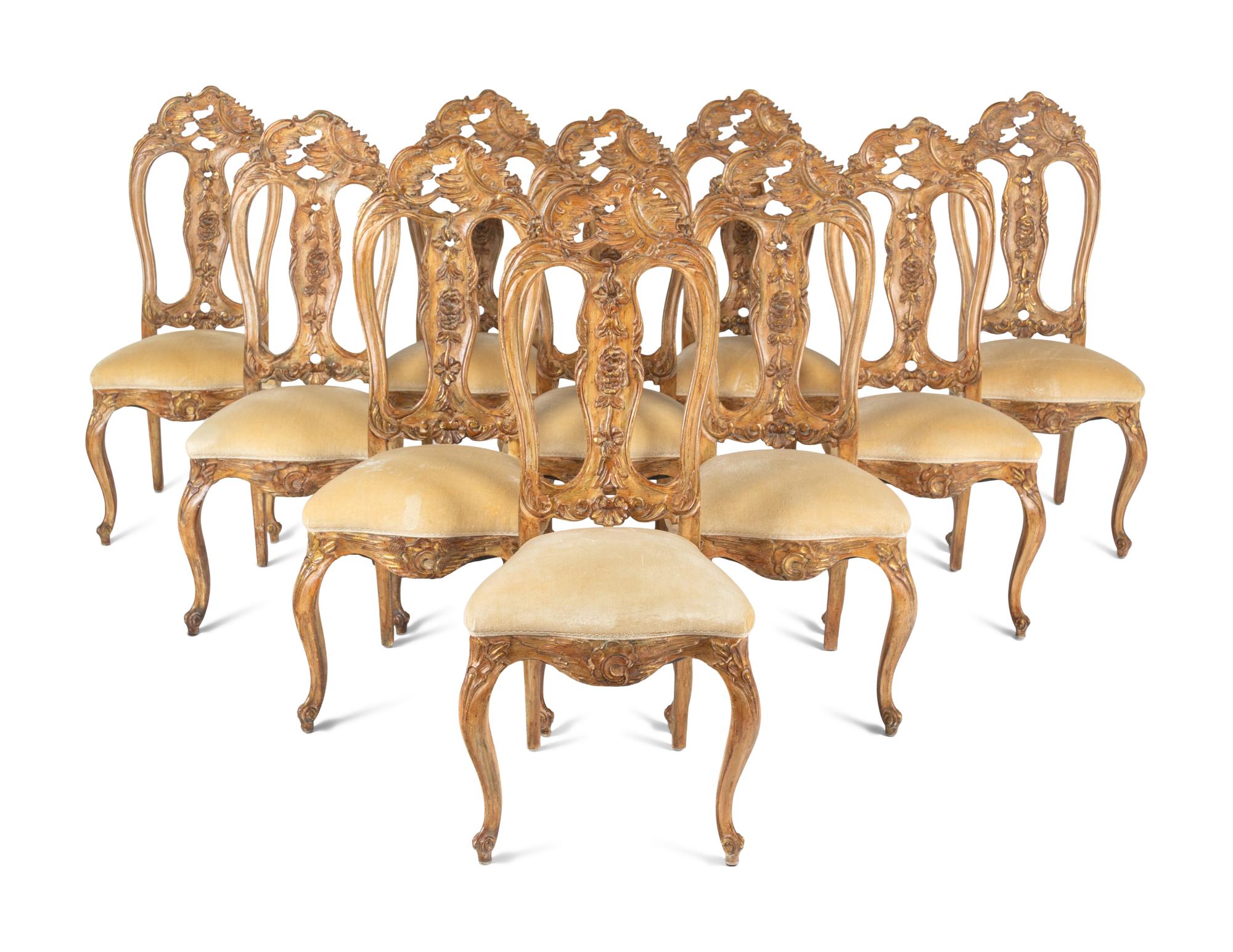 A Set of Ten Italian Rococo Style Painted Dining Chairs