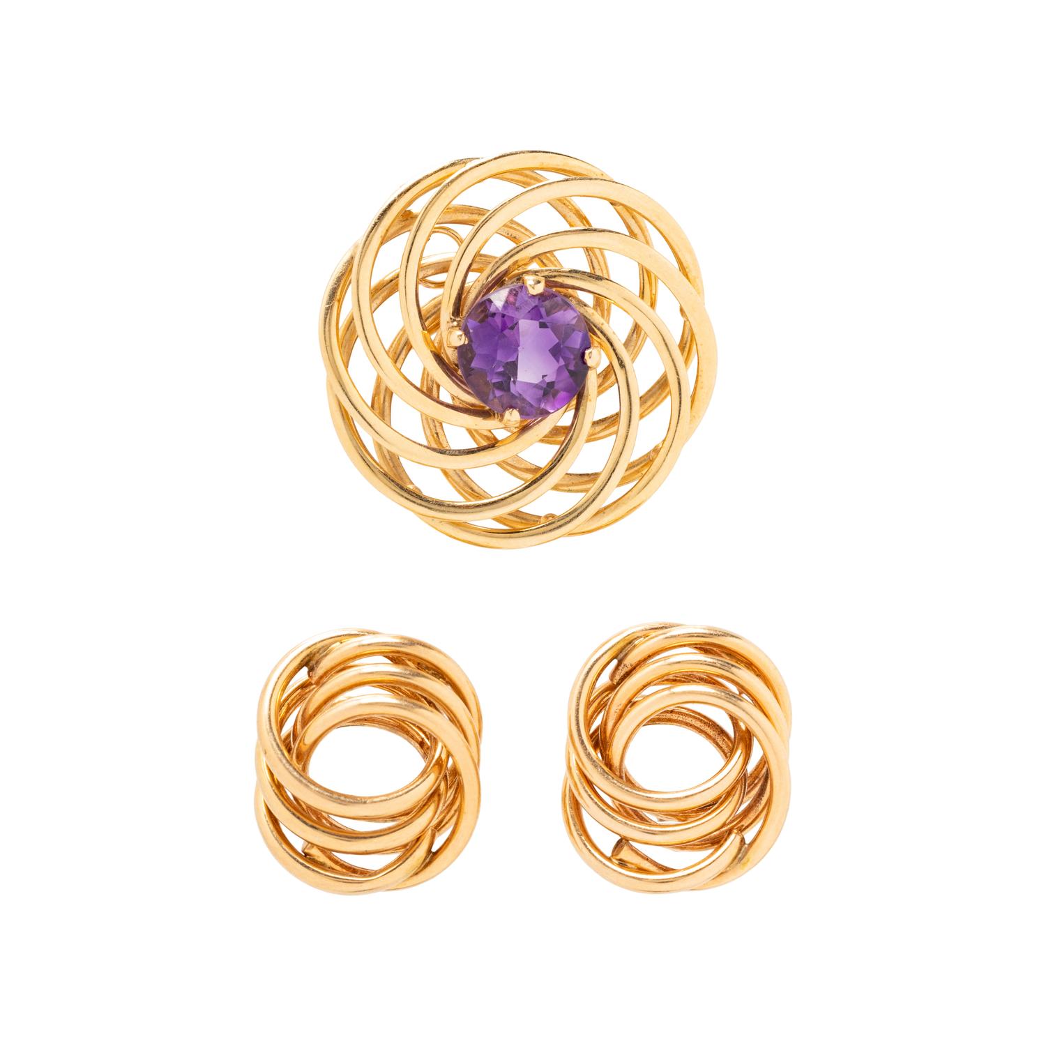 RETRO, YELLOW GOLD AND AMETHYST PENDANT/BROOCH AND CLIP EARRINGS