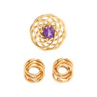 RETRO, YELLOW GOLD AND AMETHYST PENDANT/BROOCH AND CLIP EARRINGS