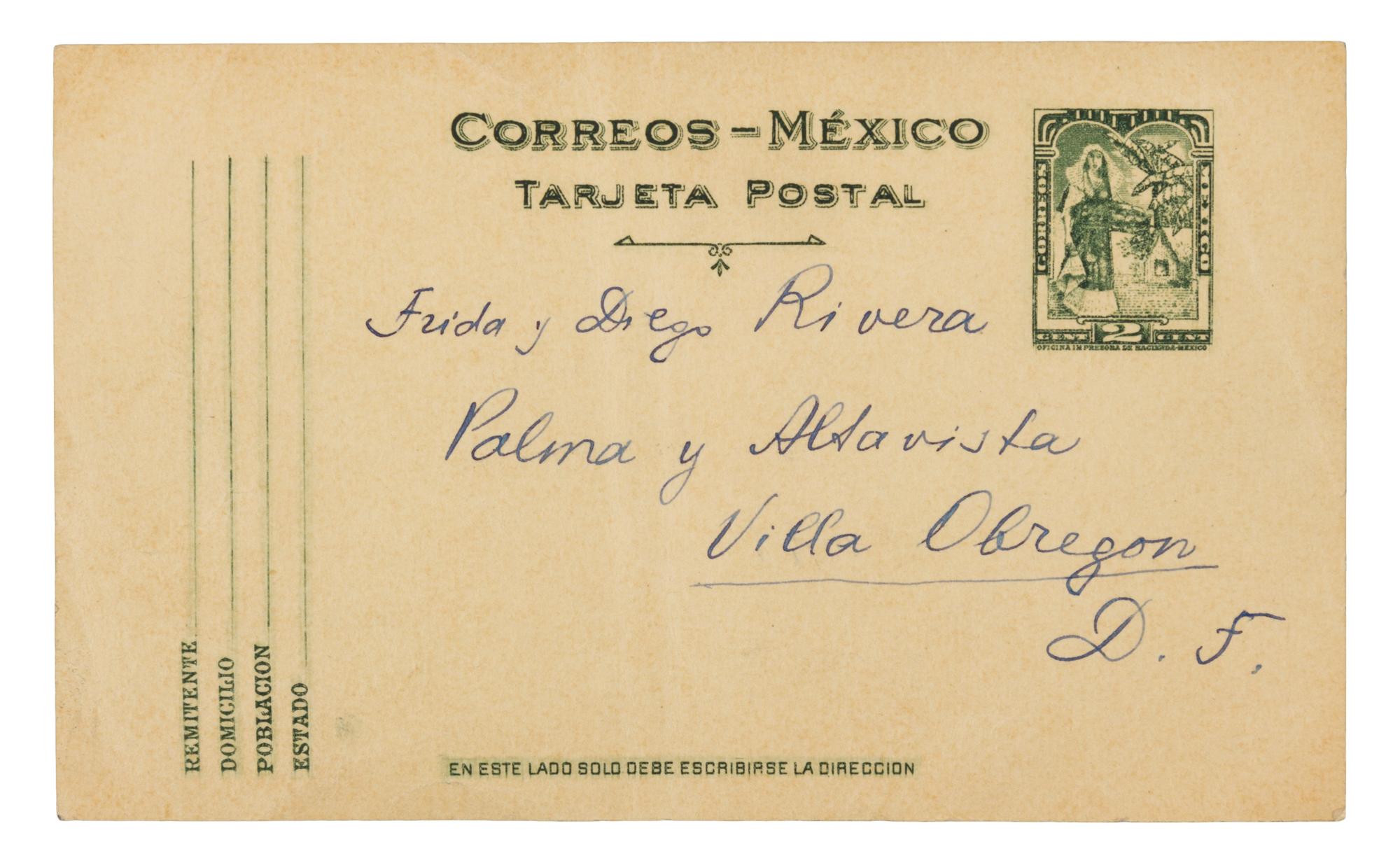 TROTSKY, Leon (1879-1940). Autograph note on correspondence card signed ("LD"), in French, to Frida Kahlo and Diego Rivera. N.p. [Mexic