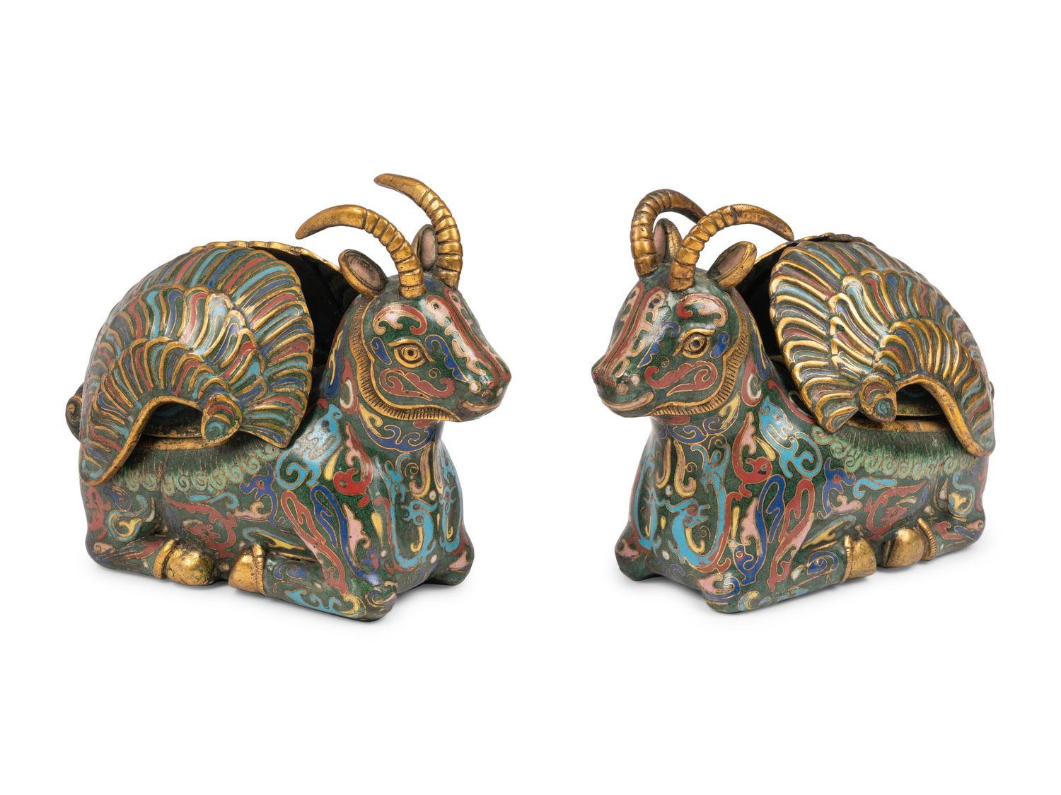 Two Pairs of Chinese Cloisonné Enamel Animal Form Vessels