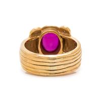 HIGH KARAT GOLD, GLASS FILLED RUBY AND DIAMOND RING