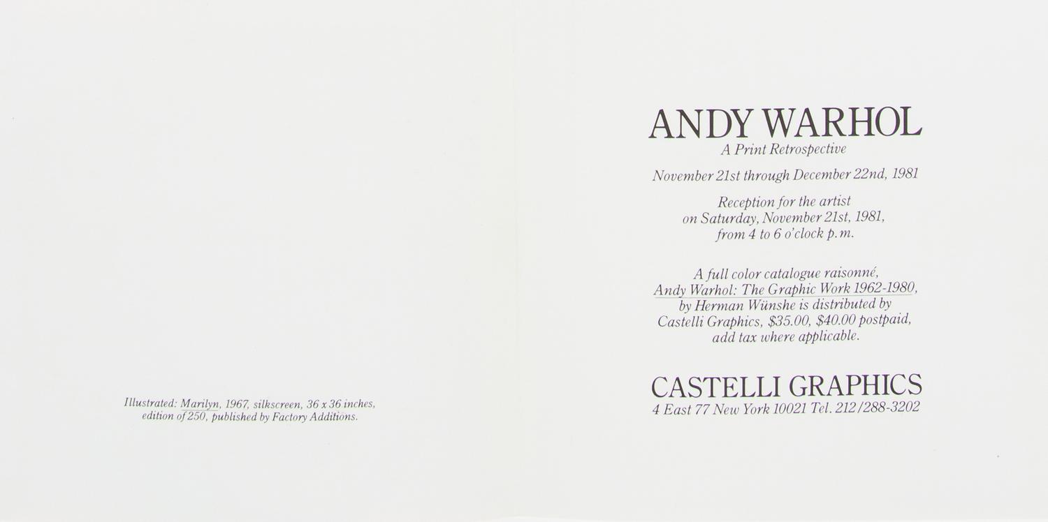 After Andy Warhol, (American, 1928-1987), Marilyn, 1981 (Castelli Graphics Invitation)