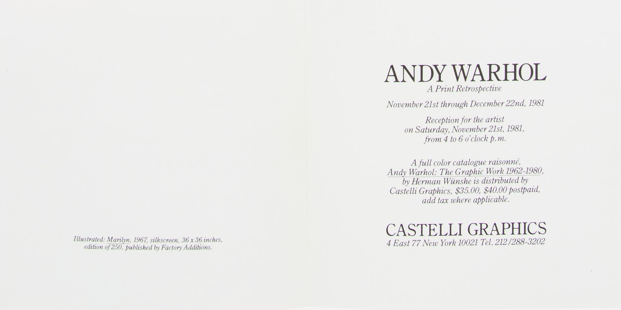 After Andy Warhol, (American, 1928-1987), Marilyn, 1981 (Castelli Graphics Invitation)