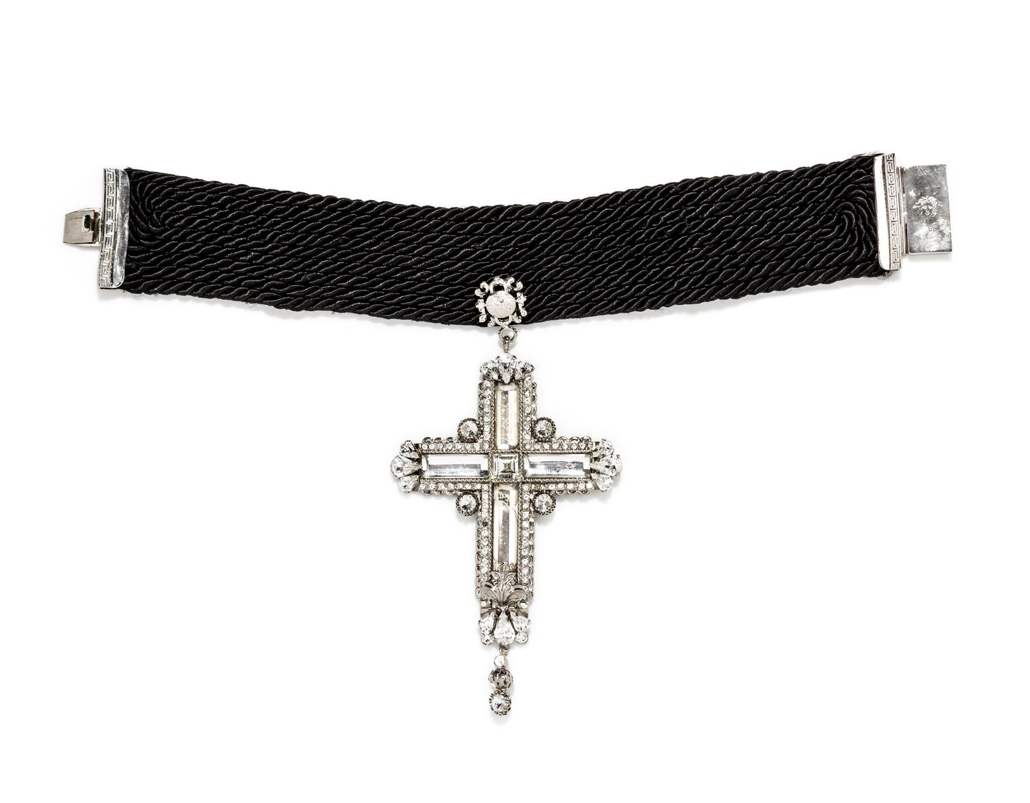 A Gianni Versace Black Silk and Crystal Cross Pendant Choker, Pendant: 3.25" x 6.5"; Choker: 13" x 1.75".