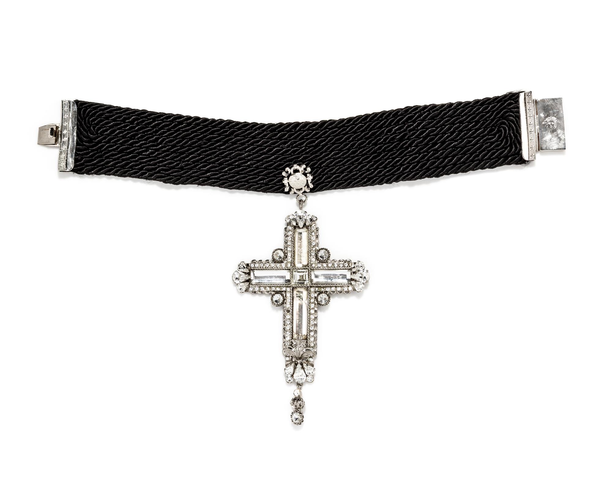 A Gianni Versace Black Silk and Crystal Cross Pendant Choker, Pendant: 3.25" x 6.5"; Choker: 13" x 1.75".
