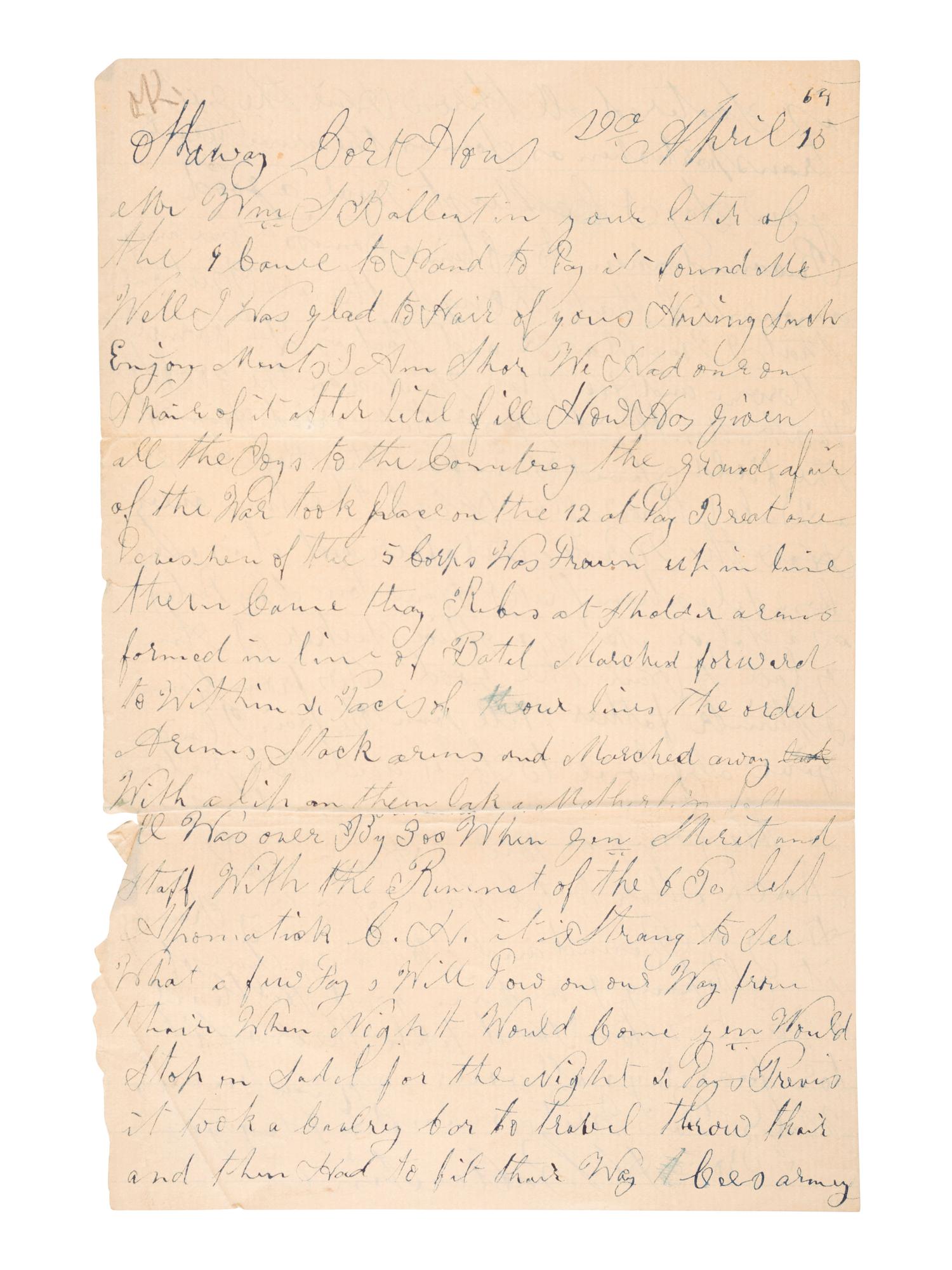 [CIVIL WAR]. Manuscript archive of Sergeant Hamilton Ballentine (1833-1920), Co. K, 6th Pennsylvania Cavalry, "Rush's Lancers," featuring battle content from key engagements and descriptions of "Sheridan's Raiders."