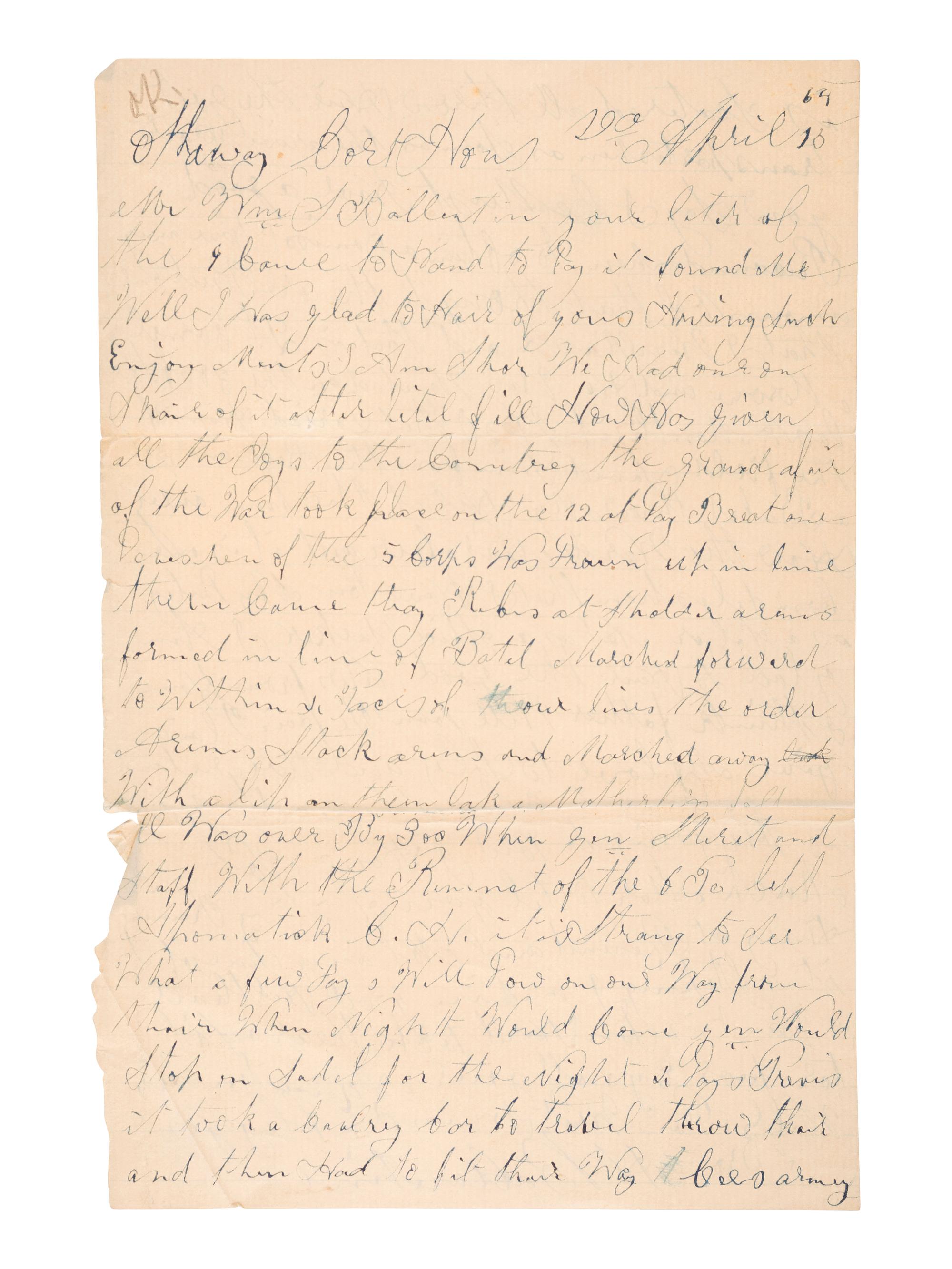 [CIVIL WAR]. Manuscript archive of Sergeant Hamilton Ballentine (1833-1920), Co. K, 6th Pennsylvania Cavalry, "Rush's Lancers," featuring battle content from key engagements and descriptions of "Sheridan's Raiders."