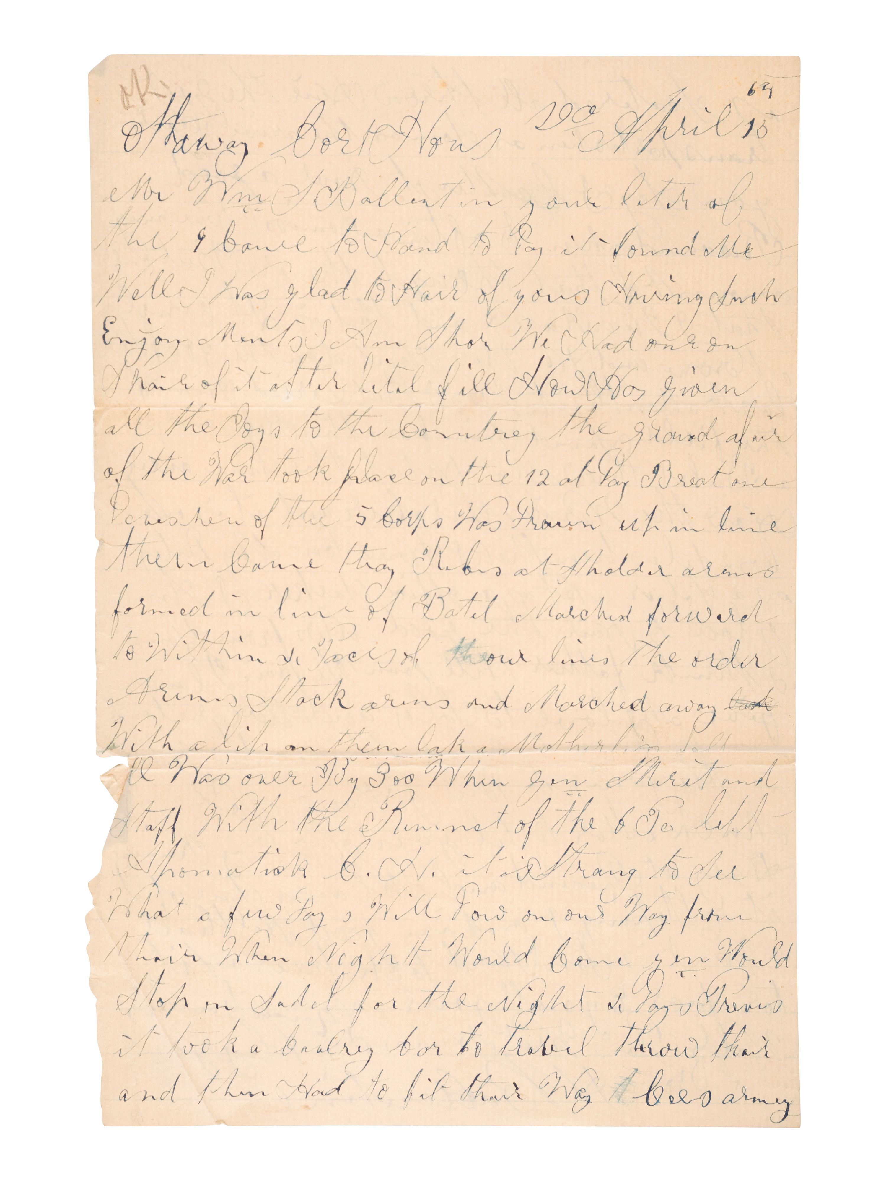 [CIVIL WAR]. Manuscript archive of Sergeant Hamilton Ballentine (1833-1920), Co. K, 6th Pennsylvania Cavalry, "Rush's Lancers," featuring battle content from key engagements and descriptions of "Sheridan's Raiders."