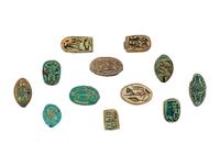 12 Egyptian Animal and Cowrie Shell Beads with Hieroglyphs