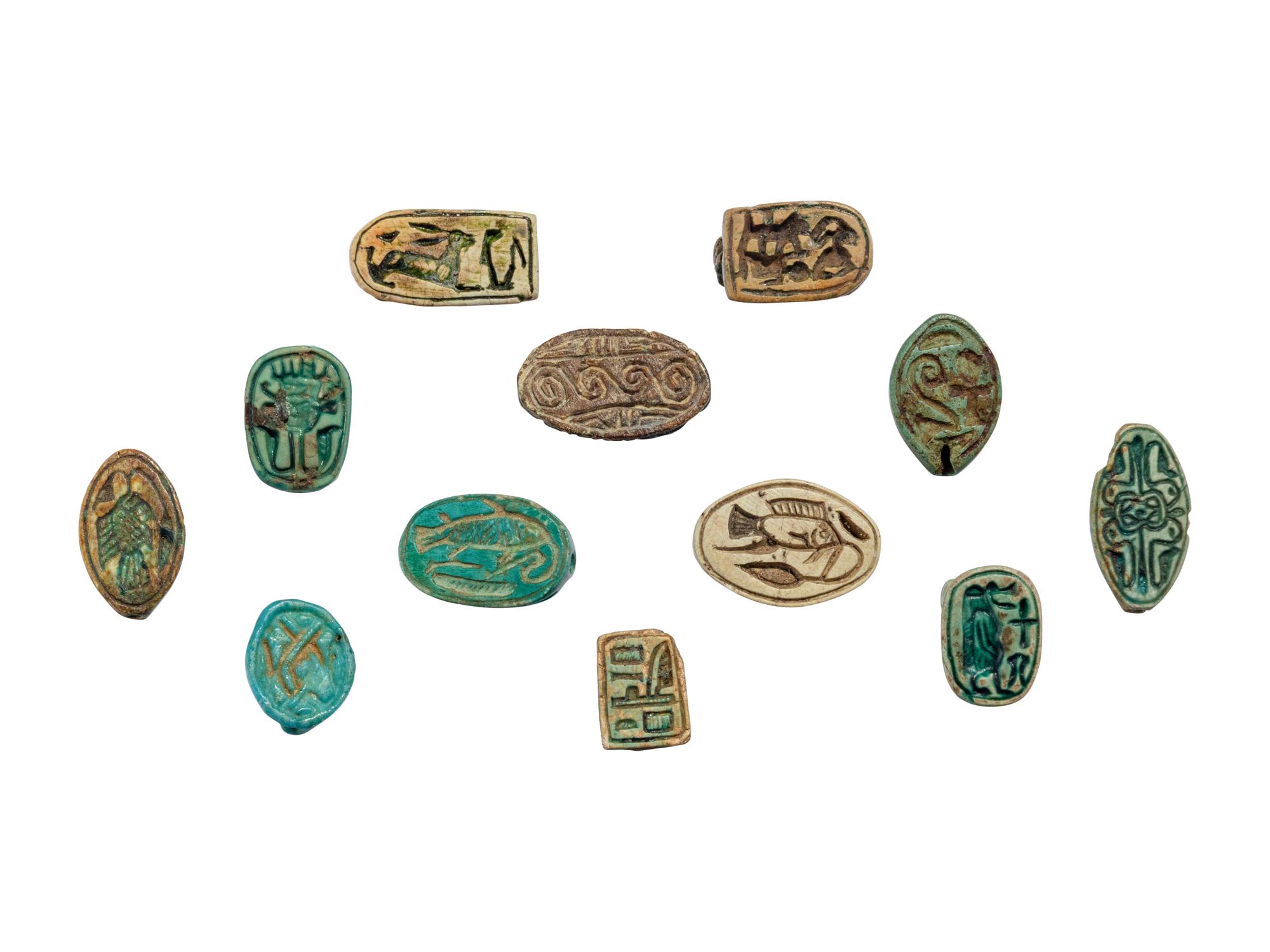 12 Egyptian Animal and Cowrie Shell Beads with Hieroglyphs