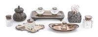 A Collection of Sterling and Silverplate Mounted Inkwells, Width of widest tray 8 3/4 inches.